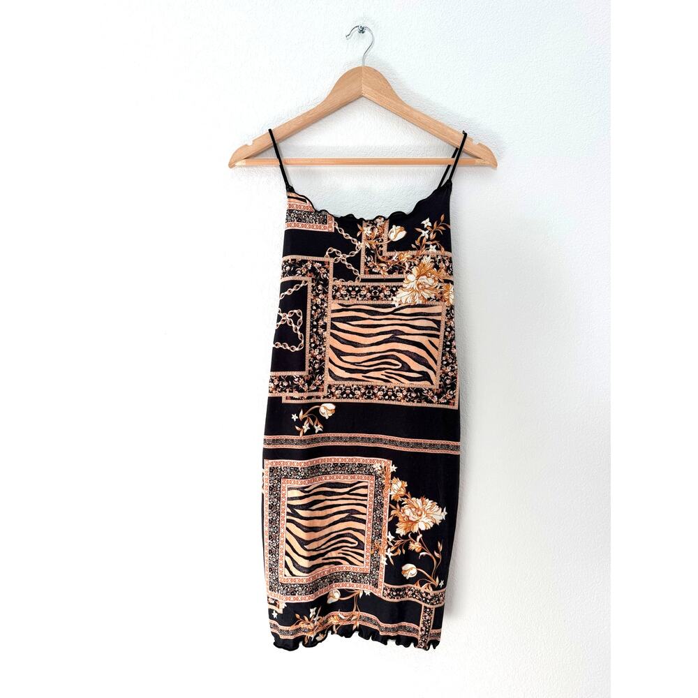 SHEIN Black and Gold Zebra Chain Floral Scarf Print Bodycon Midi Dress Large